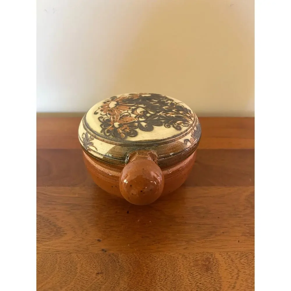 Handmade Terra Cotta Lidded Casserole Dish, Hand Painted Floral Lid